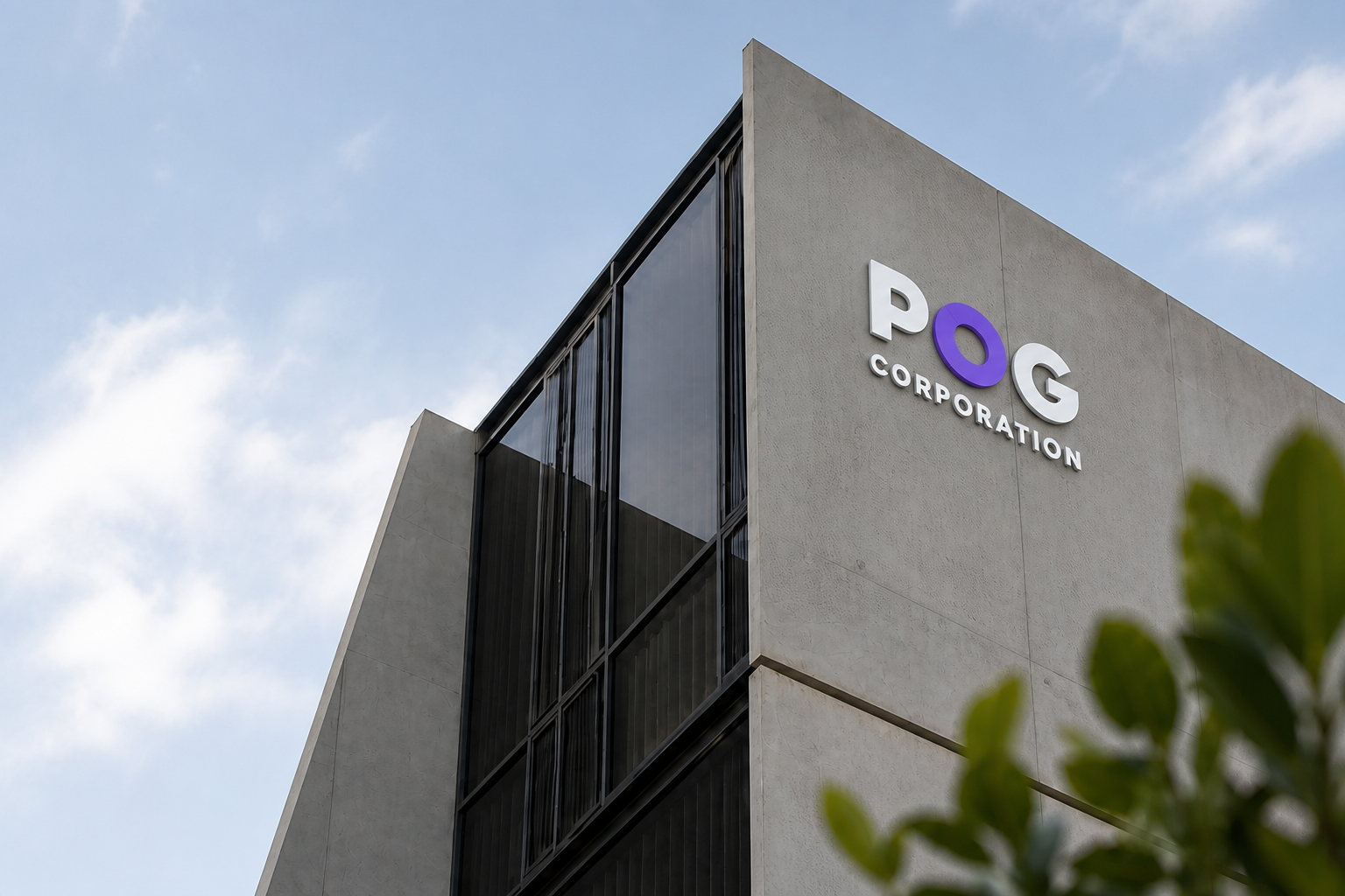 Fachada de um edifício contemporâneo com a marca POG Corporation em branco e roxo